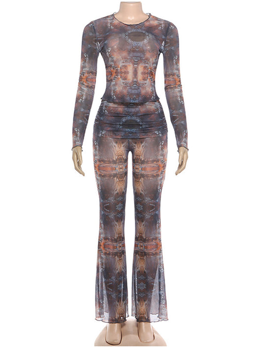 Joskaa Mesh Long Sleeve Flare Two Piece Set - two piece set image 2