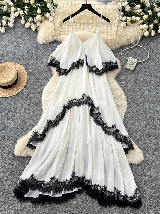Women's Lace Trim V-Neck Asymmetrical Maxi Dress - Front View