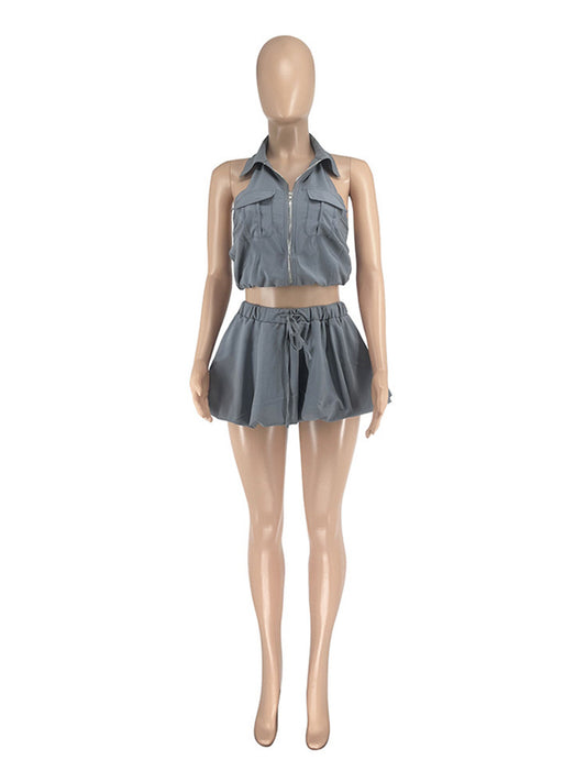 Joskaa Backless Halter Zip Up Crop Two Piece Set - two piece set image 2