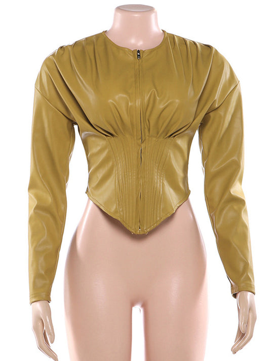 Joskaa Faux Leather Ruched Zip Up Long Sleeve Jacket - jacket image 2