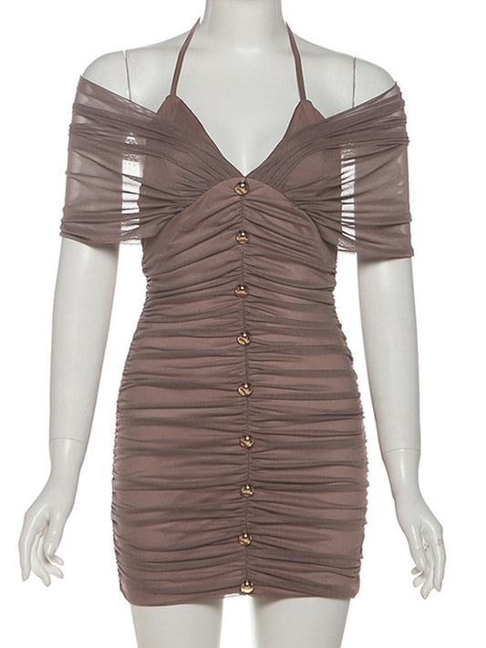 Joskaa Mesh Ruched Halter Short Sleeve Mini Dress - mini dress image 2