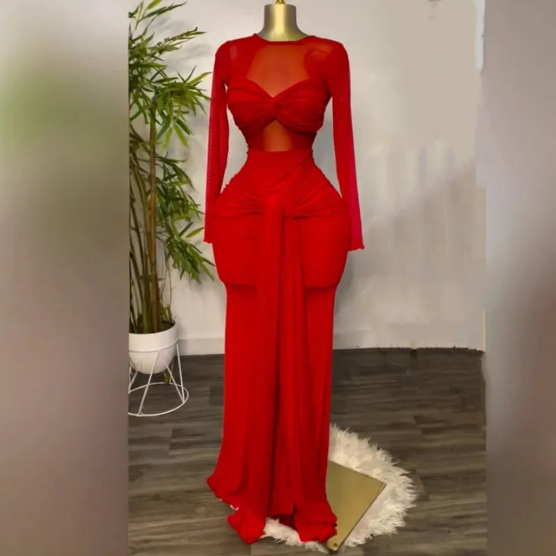 Wholesale Women's Mesh Bodycon Pleated Maxi Dress