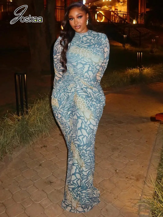 Women's Mesh Ruched Long Sleeve Bodycon Maxi Dress - Front View