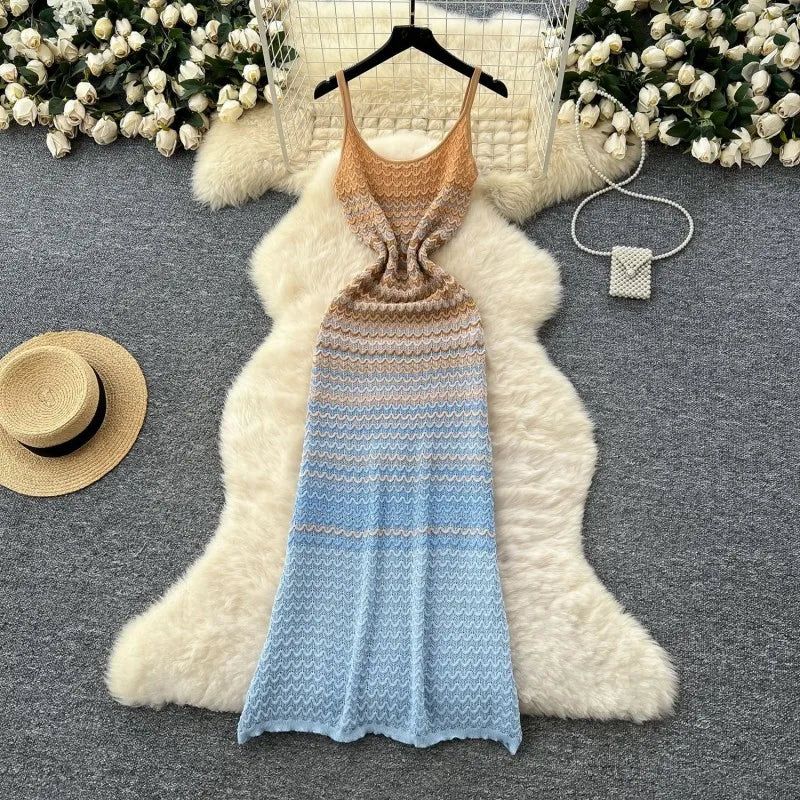 Wholesale Women's Stripe Knit Ribbed Maxi Dress