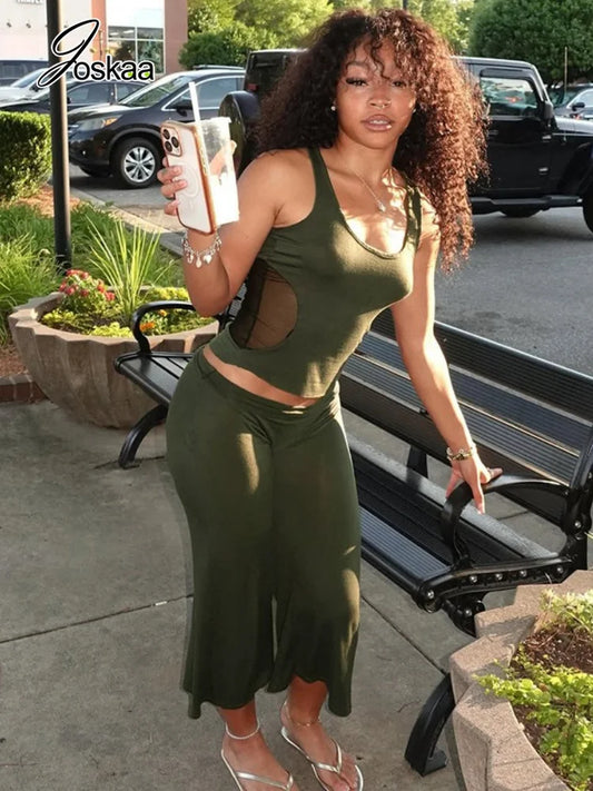 Women's Mesh High Waist Wide Leg Two Piece Set - Front View