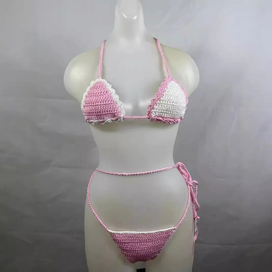 Women's Knit Ribbed Swimwear Crochet Bikini Set