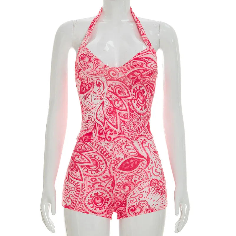 Women's Backless Halter Crop Two Piece Set