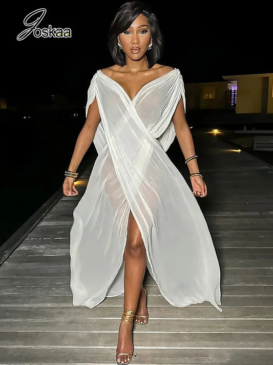 Women's Mesh Sheer Deep V-neck Maxi Dress Orange – Front View