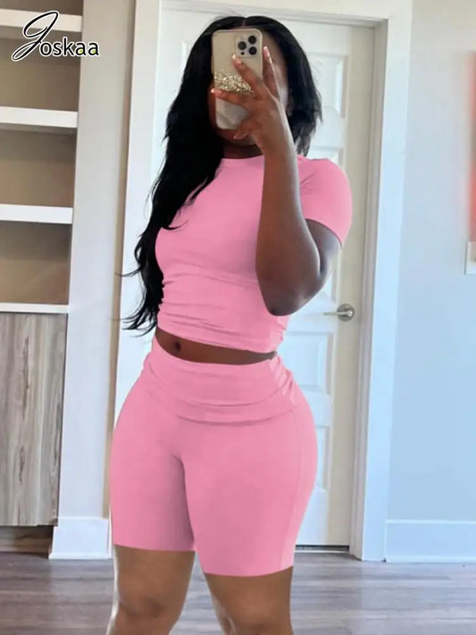 Women's Ruched Short Sleeve Crop Two Piece Set Light Grey – Front View