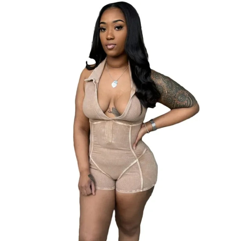 Women's Knit Backless Halter Bodycon Romper