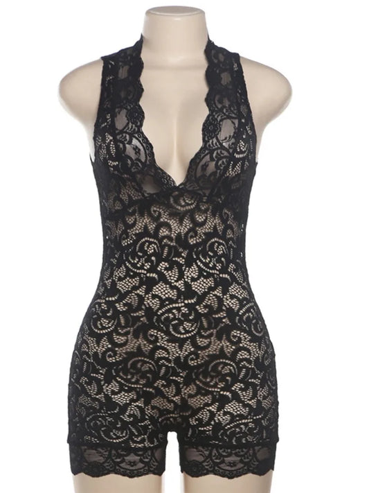 Wholesale Women's Lace Sleeveless Bodycon Romper Black – Front View