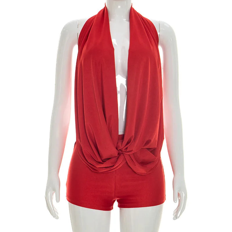Women's Ruched Backless Halter Sleeveless Romper