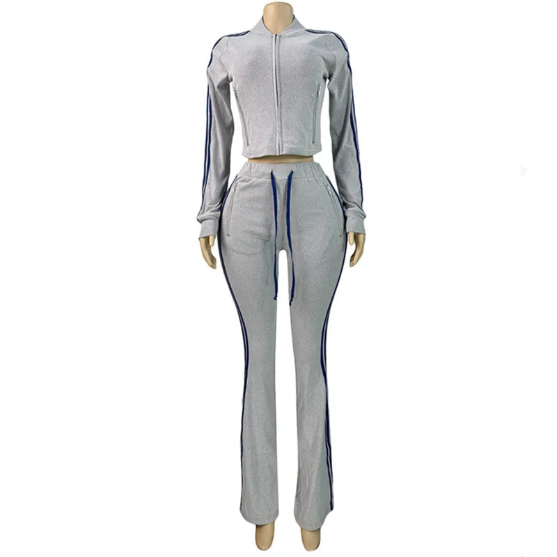 Joskaa Stripe Velvet Zip Up Long Sleeve Two Piece Set - two piece set image 9