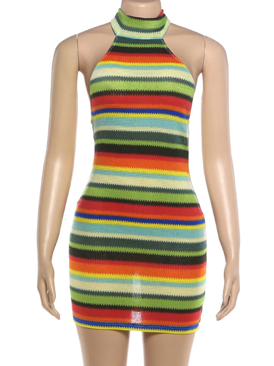 Joskaa Stripe Ribbed Knit Backless Halter Mini Dress - mini dress image 2