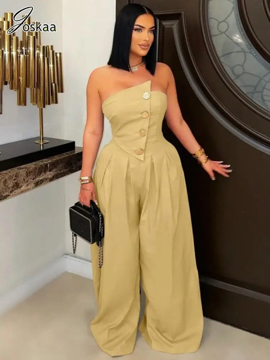 Women's Strapless Flare Wide Leg Elegant Romper Army Green – Front View