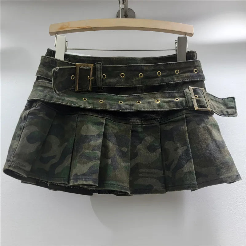 Women's Denim Mini Pleated Retro Low Skirt