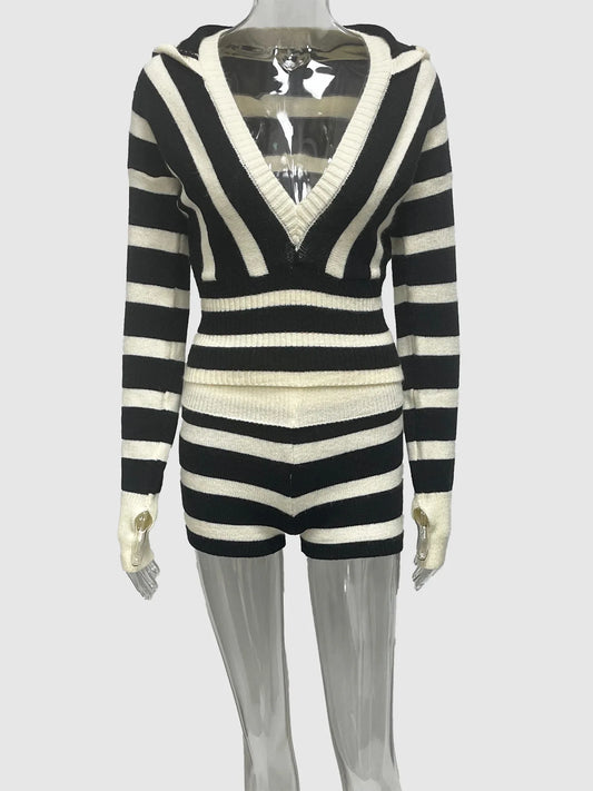 Joskaa Stripe Ribbed Knit Hooded Long Sleeve Two Piece Set - two piece set image 2
