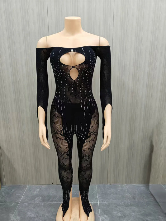 Joskaa Rhinestone Long Sleeve Bodycon Romper - romper image 2