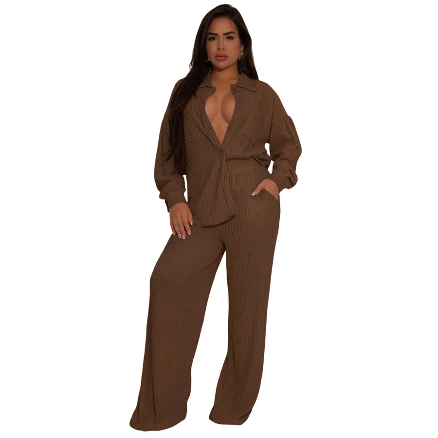 Women's Long Sleeve Flare Wide Leg Two Piece Set