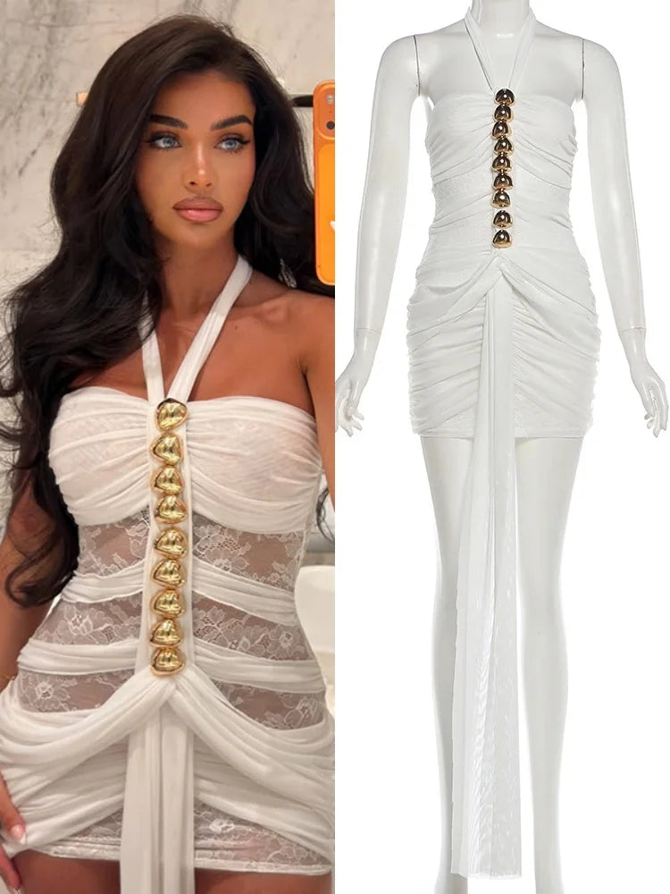 Women's Mesh Lace Ruched Backless Mini Dress - Additional View 8