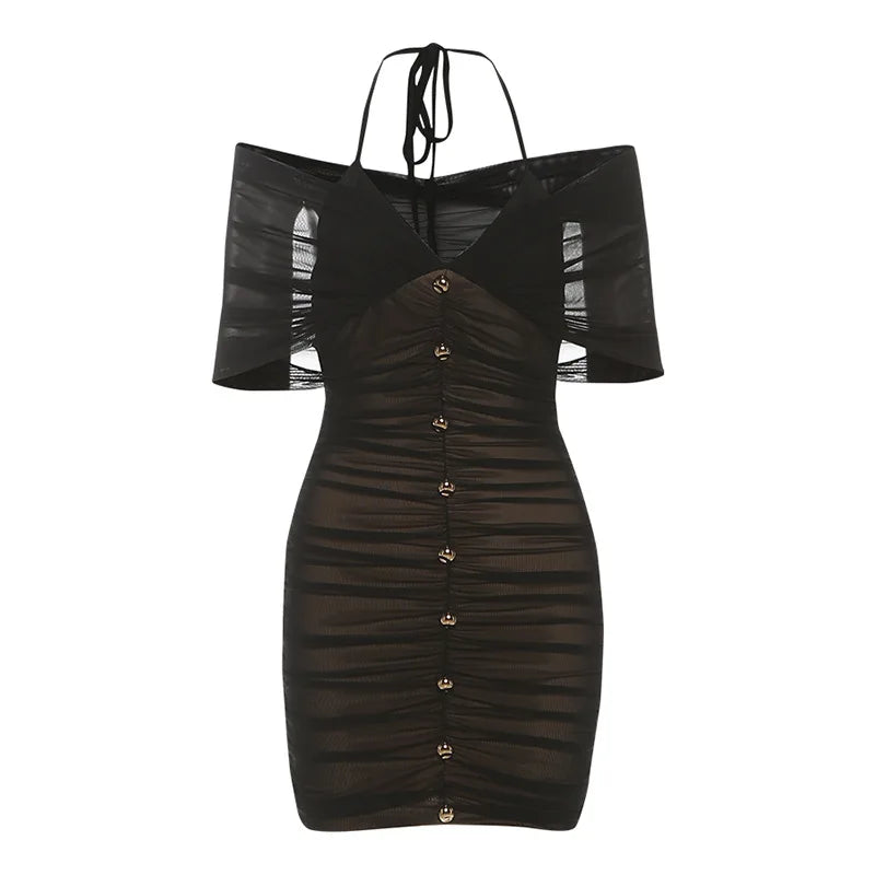 Joskaa Mesh Ruched Halter Short Sleeve Mini Dress - mini dress image 6