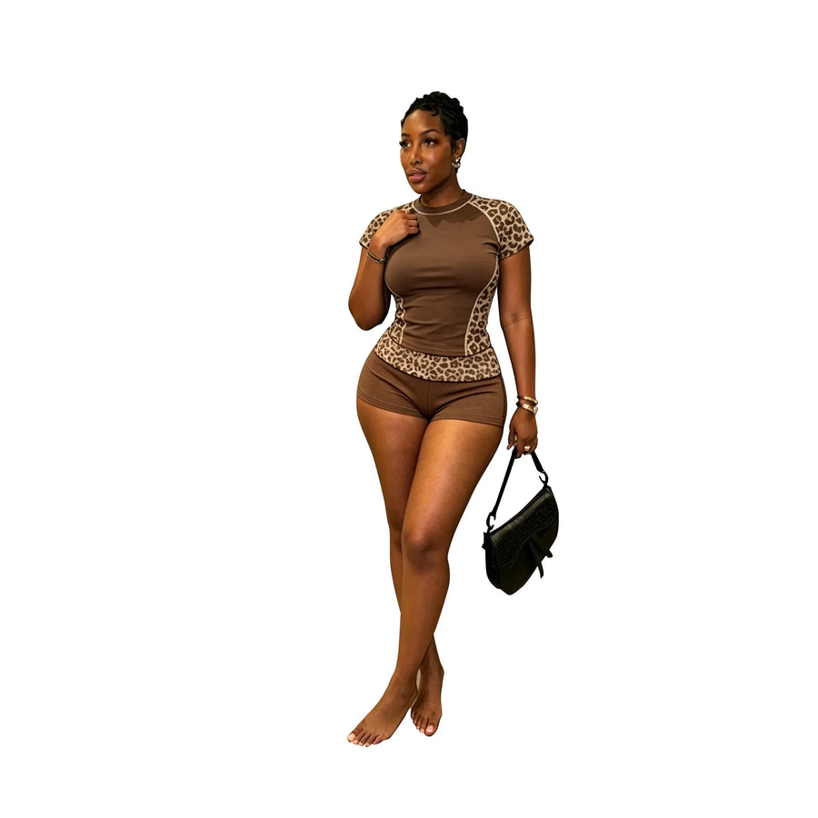 Women's Leopard Print Short Sleeve Crop Two Piece Set