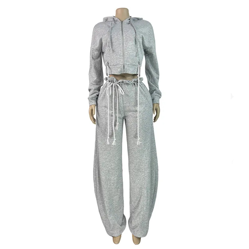 Joskaa Zip Up Hooded Long Sleeve Wide Leg Two Piece Set - two piece set image 6