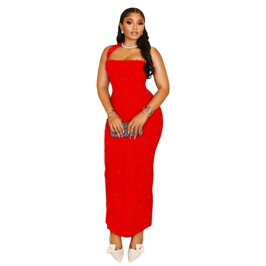 Women's Rhinestone Backless Halter Maxi Dress