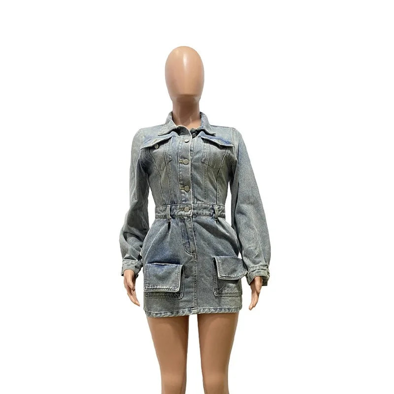 Women's Denim Long Sleeve Mini Two Piece Set