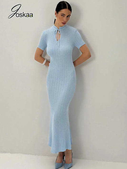 Women's Lace Knit Cutout Short Sleeve Maxi Dress Sky Blue – Front View
