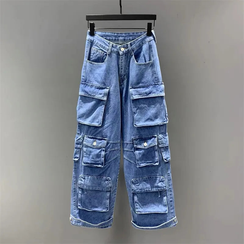 Women's Denim High Waist Pockets Cargo Jeans Pants