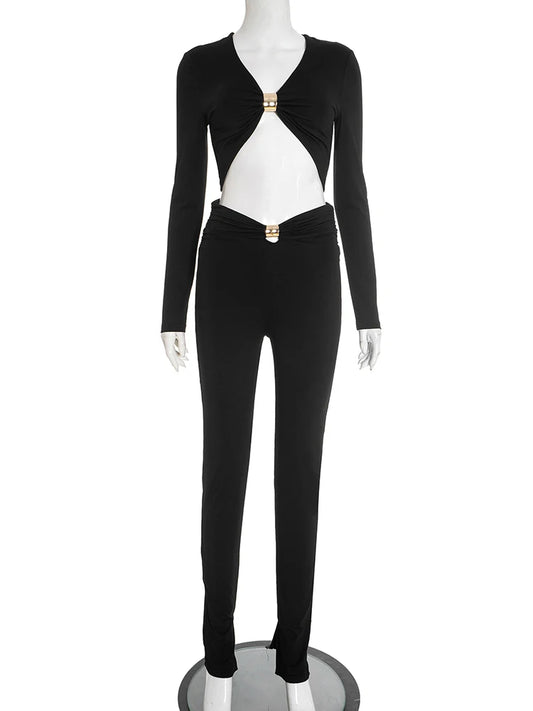 Joskaa Ruched Long Sleeve Crop High Waist Two Piece Set - two piece set image 2