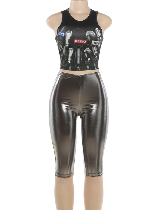 Joskaa Crop Two Piece Set Mic Printed O-neck - two piece set image 2