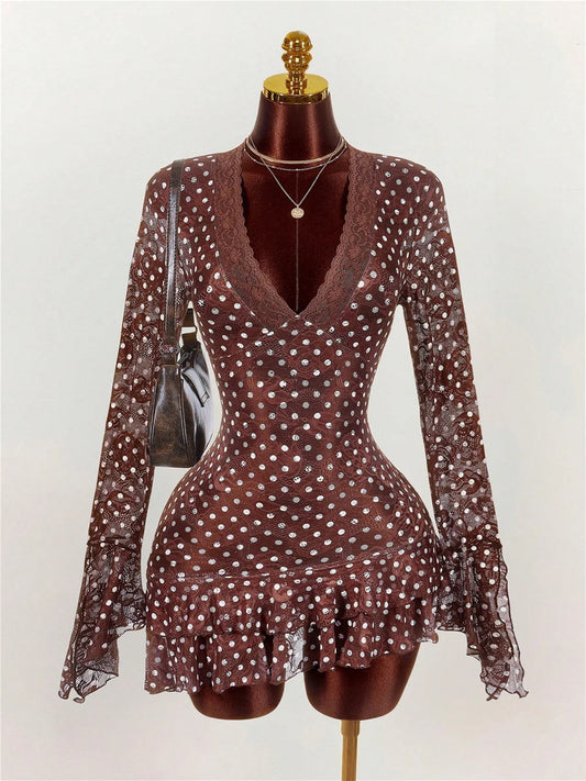 Joskaa Polka Dot Lace Long Sleeve Bodycon Mini Dress - mini dress image 2
