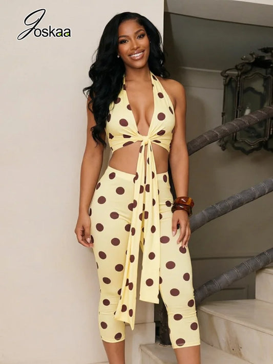 Women's Polka Dot V-neck Halter High Waist Two Piece Set - Detail View 1