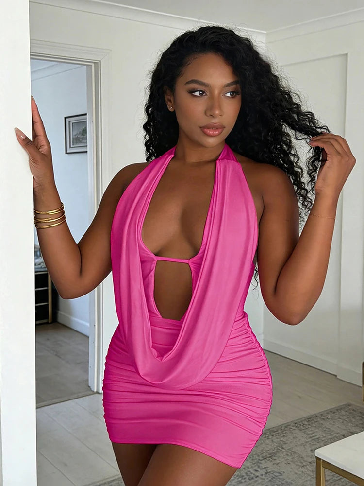 Women's Ruched Backless Halter Mini Dress