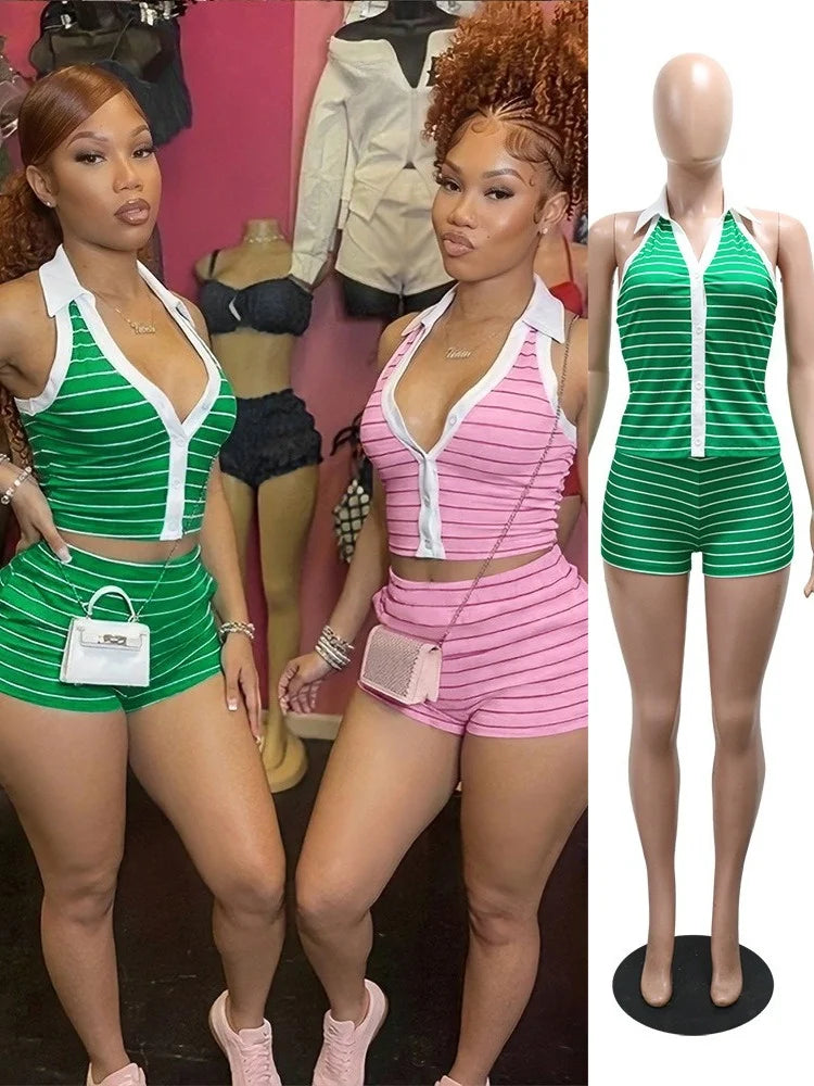Women's Striped Halter Bodycon High Waist Two Piece Set - Additional View 8