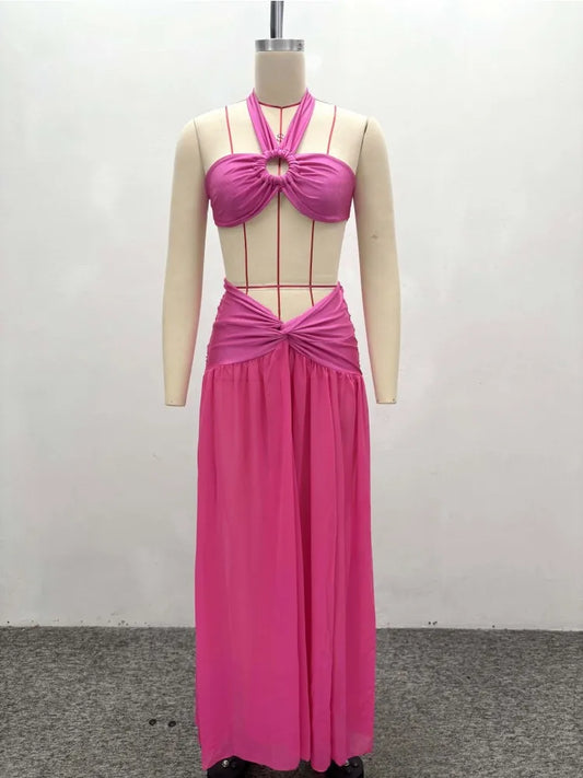 Joskaa Ruched Backless Halter Maxi Two Piece Set - two piece set image 2