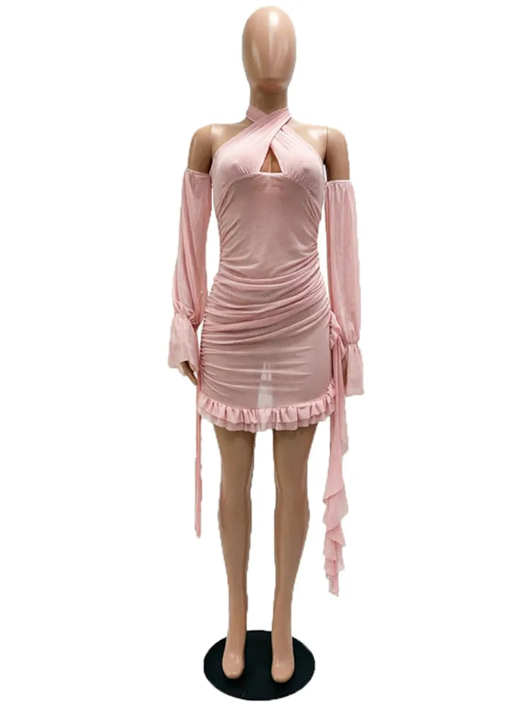 Women's Mesh Backless Halter Long Sleeve Mini Dress