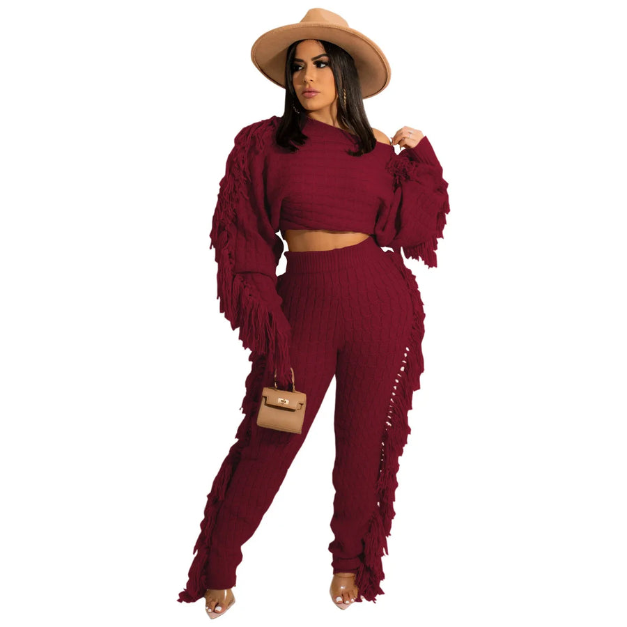 Women's Knit Long Sleeve Crop Two Piece Set