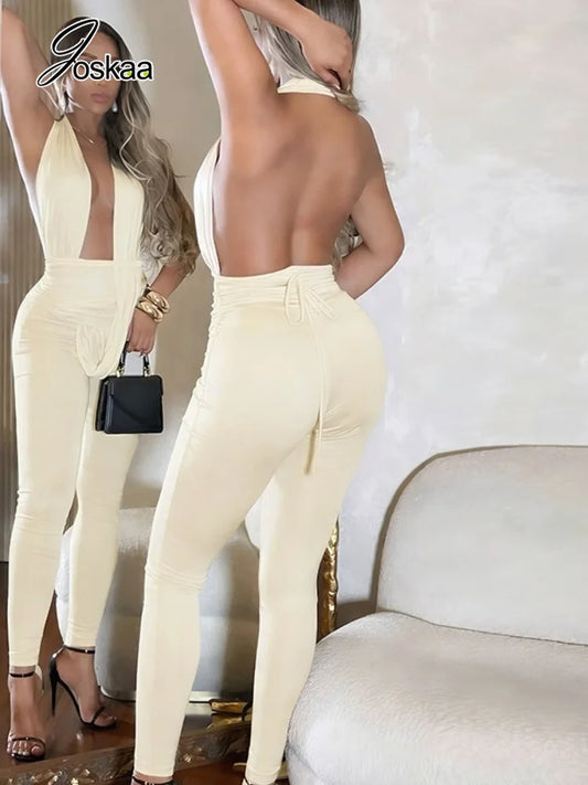 Women's Ruched Backless V-neck Halter Romper - Front View