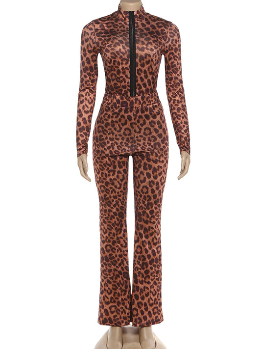 Joskaa Leopard Print Long Sleeve Flare Two Piece Set - two piece set image 2