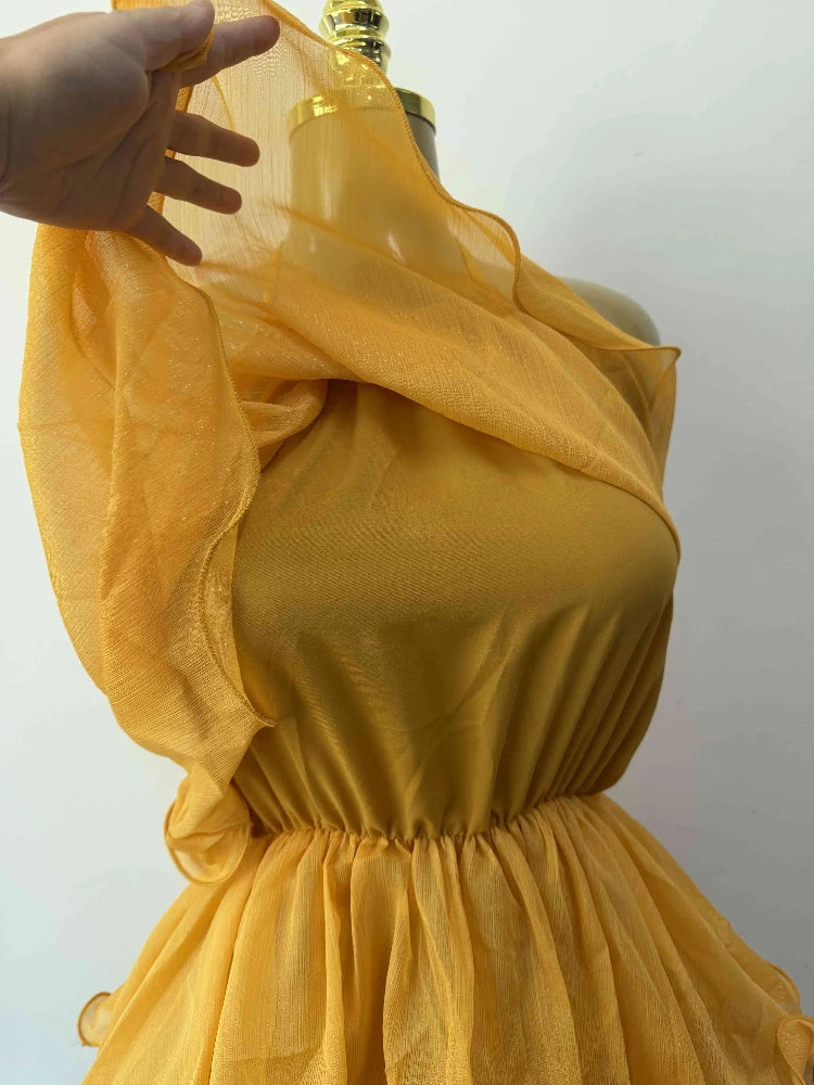 Joskaa Backless Halter Mini Dress Yellow Holiday Ruffles - mini dress image 5