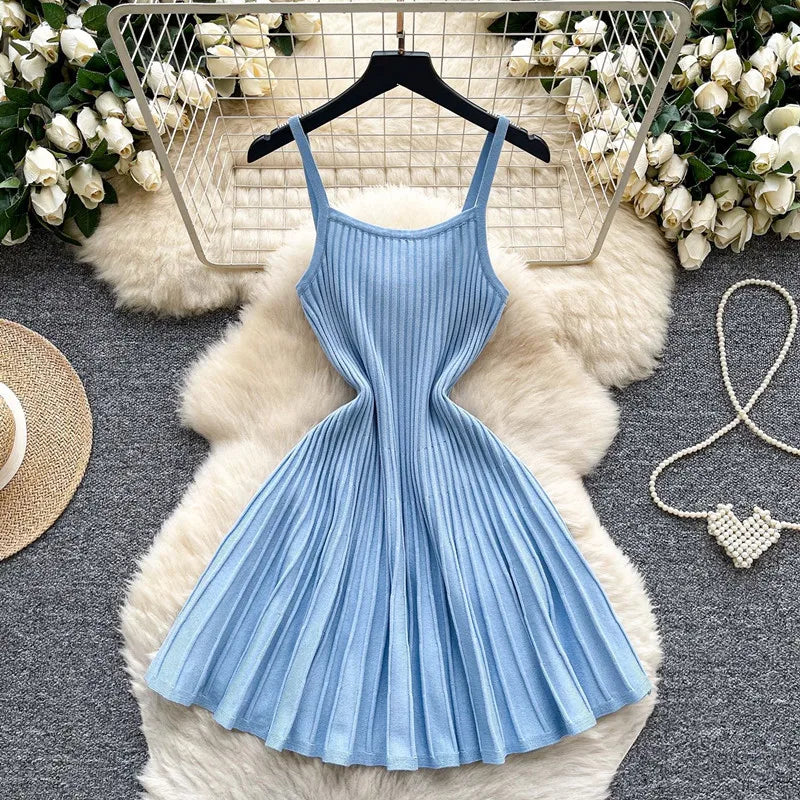 Women's Stripe Knit Sleeveless Ribbed Pleated Dress