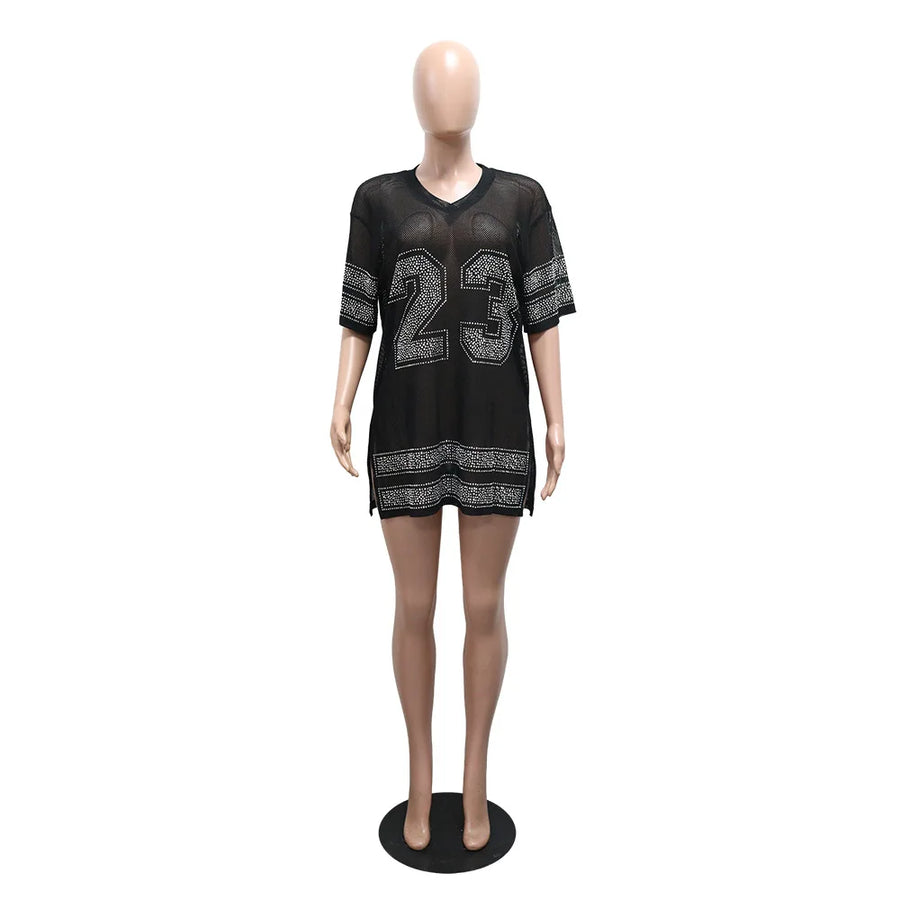 Women's Mesh Rhinestone V-neck Top Sheer Longline Short - Additional View 10
