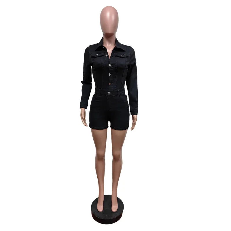 Women's Denim Long Sleeve Bodycon Romper