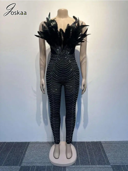 Women's Rhinestone Mesh Strapless Romper Black – Front View