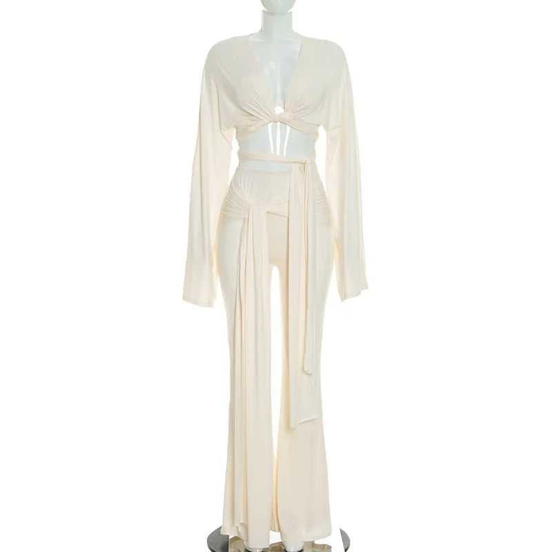 Women's Ruched V-neck Long Sleeve High Waist Two Piece Set - Additional View 8