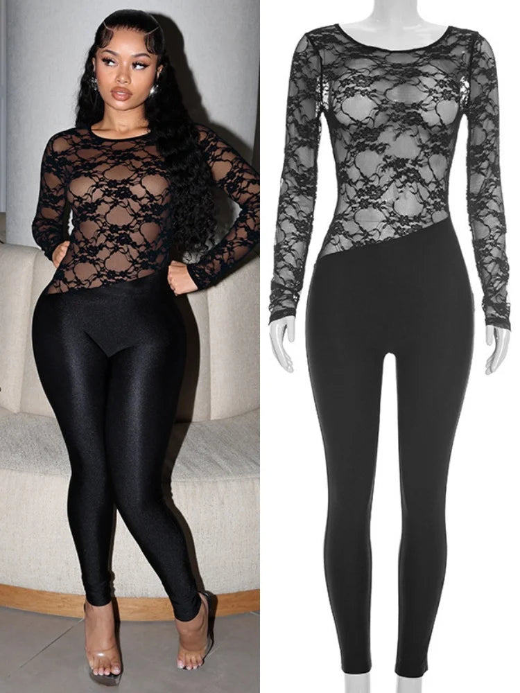 Women's Mesh Lace Backless Long Sleeve Romper - Additional View 8