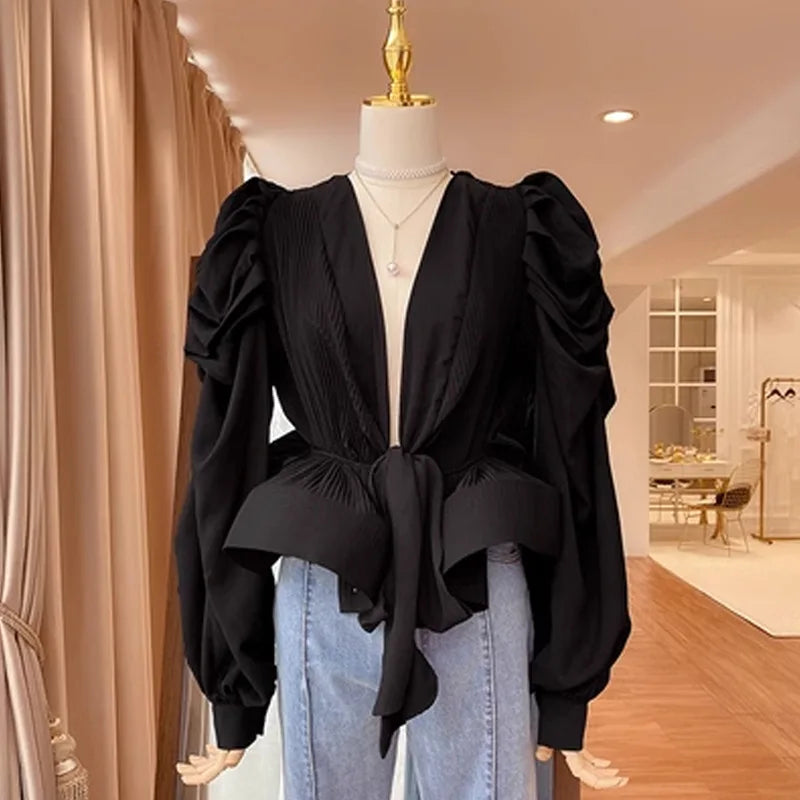 Women's Lace Short Sleeve Vintage Puff Blouse Top
